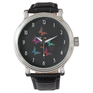 Elegant Colourful Butterflies Pattern on Black Watch