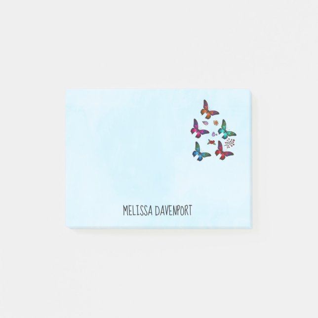 Elegant Colourful Butterflies Pattern on Blue Post-it Notes (Front)