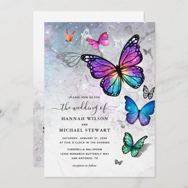 Elegant Colourful Butterfly Wedding Invitation (Front/Back)