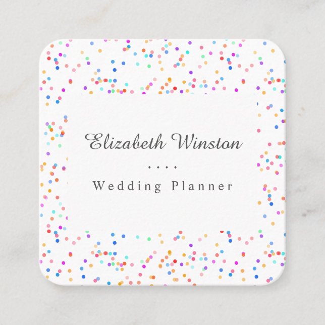 Elegant Colourful Confetti Script Square Square Business Card (Front)