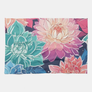 Elegant Colourful Dahlia Flowers on Dark Backgroun Tea Towel