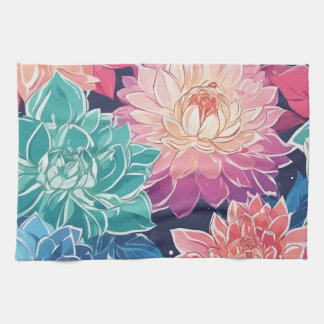 Elegant Colourful Dahlia Flowers on Dark Backgroun Tea Towel