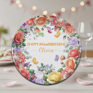 Elegant Colourful Floral 102nd Birthday Party Paper Plate