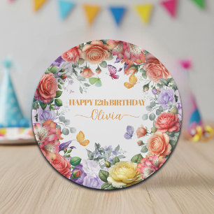 Elegant Colourful Floral 12th Birthday Party Paper Plate