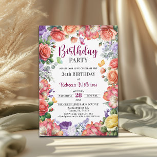 Elegant Colourful Floral 34th Birthday Party Invitation