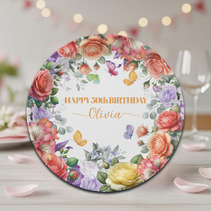 Elegant Colourful Floral 50th Birthday Party Paper Plate