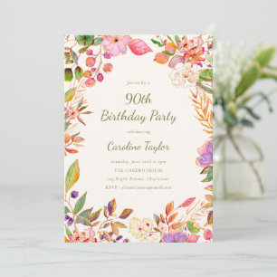 Elegant Colourful Floral 90th Birthday Garden Part Invitation
