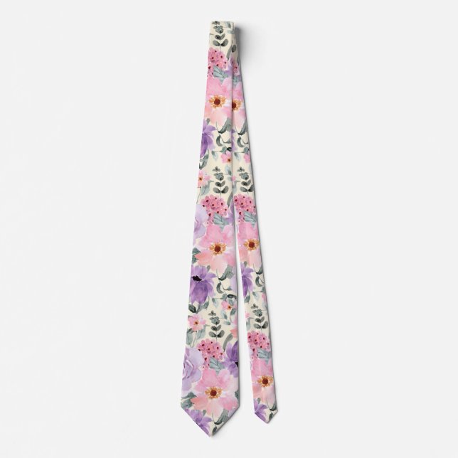 Elegant Colourful Floral Watercolor Bouquet Weddin Tie (Front)