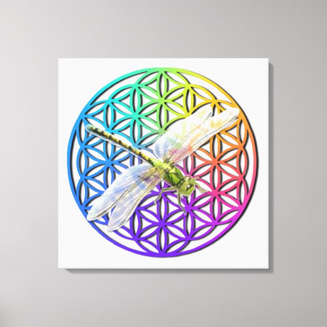 Elegant colourful flower of life dragonfly art canvas print (Front)