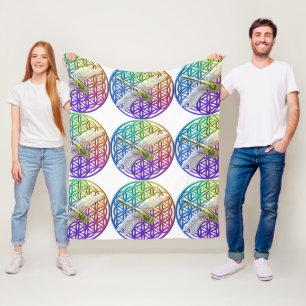 Elegant colourful flower of life dragonfly art fleece blanket