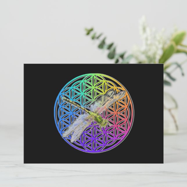 Elegant colourful flower of life dragonfly art invitation (Standing Front)