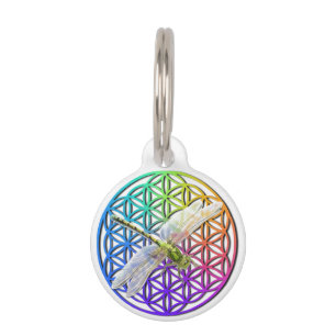Elegant colourful flower of life dragonfly art pet tag
