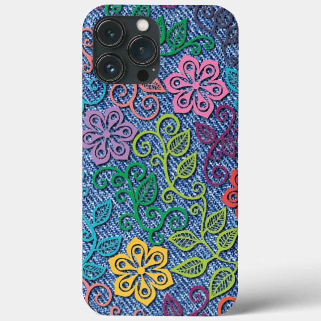 Elegant Colourful Flower Pattern Denim Blue Jeans Case-Mate iPhone Case (Back)