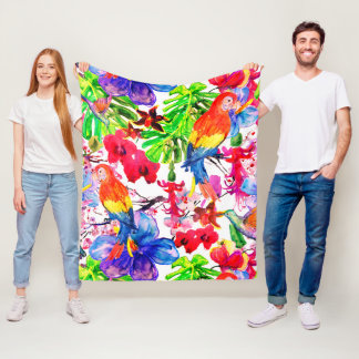 Elegant Colourful Flowers And Parrot Bird Fleece Blanket