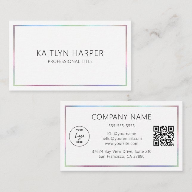 Elegant Colourful Foil Frame Minimal Logo QR Code Business Card (Front/Back)