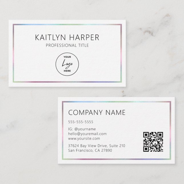 Elegant Colourful Foil Frame Minimal Logo QR Code Business Card (Front/Back)