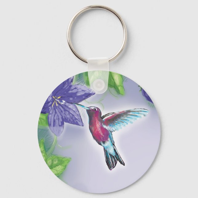 elegant colourful hummingbird and purple flowers key ring (Front)