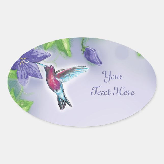 elegant colourful hummingbird and purple flowers oval sticker (Front)