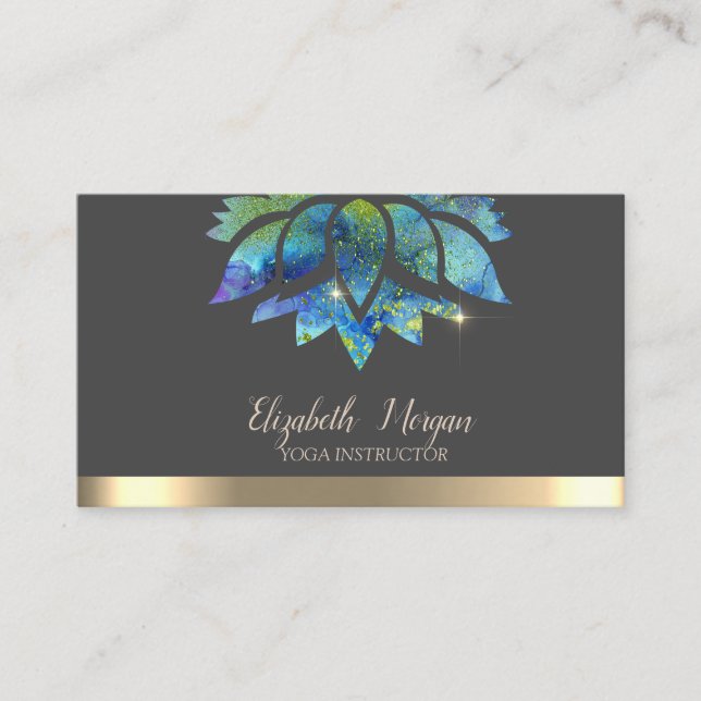 Elegant Colourful Lotus Gold Stripe Yoga Business Card (Front)