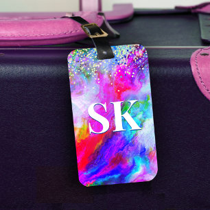 Elegant colourful marble art glitter white luggage tag