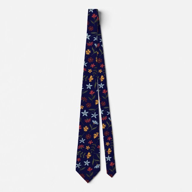 Elegant Colourful Navy Blue Floral Pattern Tie (Front)