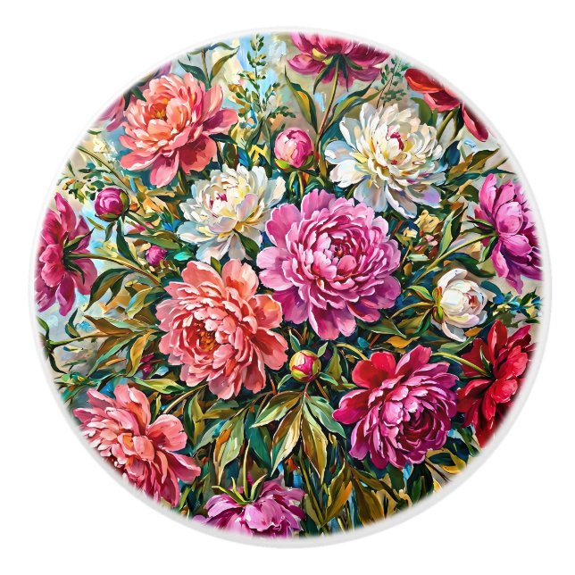 Elegant Colourful Painted Peony Flowers Ceramic Knob (Front)