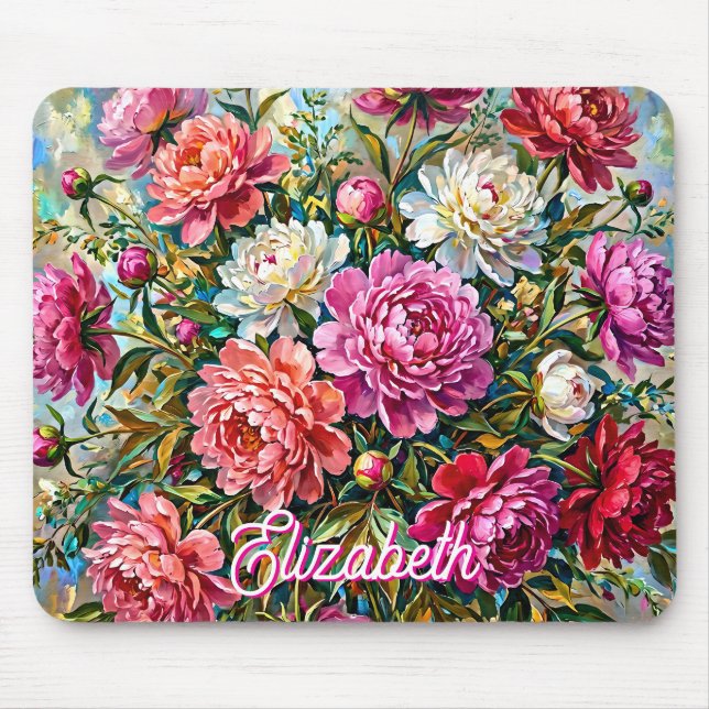 Elegant Colourful Painted Peony Flowers Mouse Pad (Front)