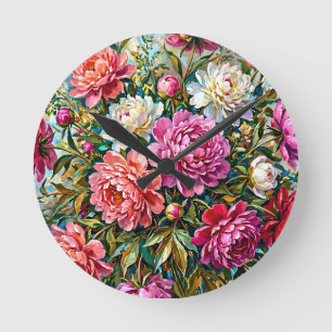 Elegant Colourful Painted Peony Flowers Round Clock