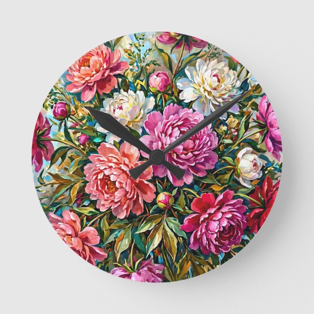 Elegant Colourful Painted Peony Flowers Round Clock (Front)