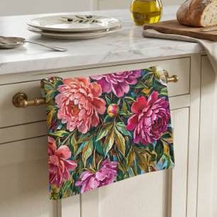 Elegant Colourful Painted Peony Flowers Tea Towel