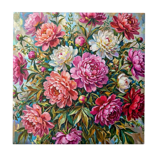 Elegant Colourful Painted Peony Flowers Tile (Front)