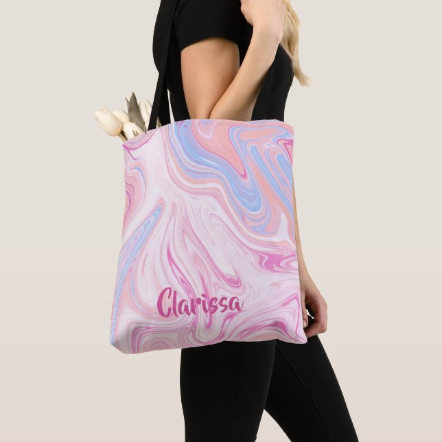 Elegant colourful pastel pink blue orange marble tote bag (Close Up)