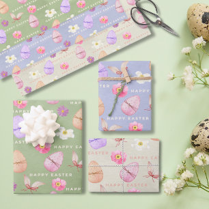 Elegant Colourful Pastel Wildflowers Happy Easter  Wrapping Paper Sheet