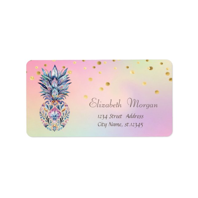 Elegant Colourful Pineapple Confetti Holographic  Label (Front)