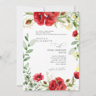 Elegant Colourful Red Foliage Poppies Wedding Invitation
