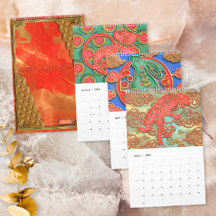Elegant Colourful Red Gold 12 Chinese Zodiac Signs Calendar