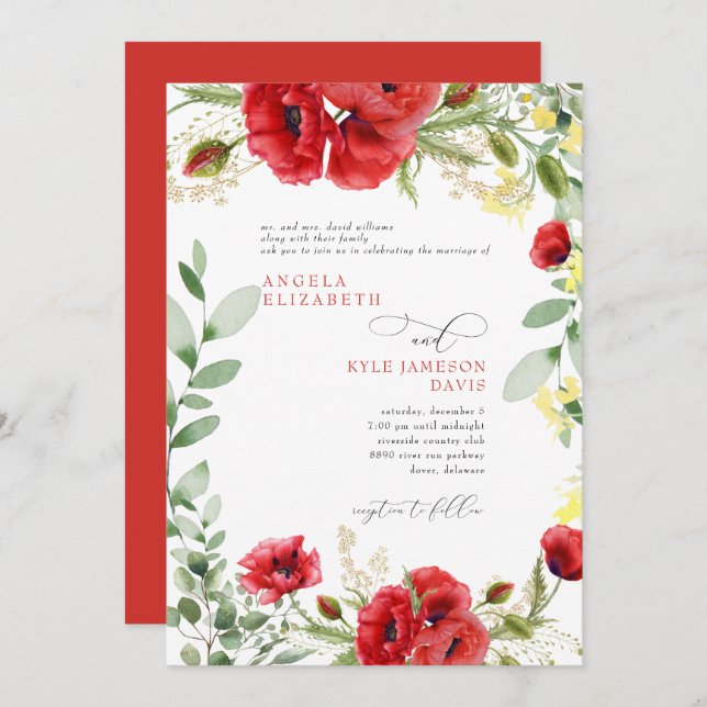 Elegant Colourful Red Poppies Wedding  Invitation (Front/Back)