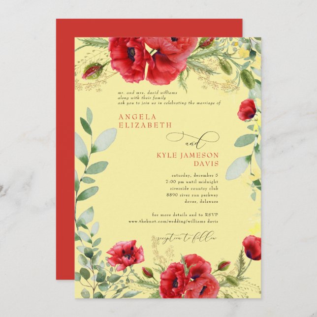 Elegant Colourful Red Poppies Yellow Wedding Invitation (Front/Back)