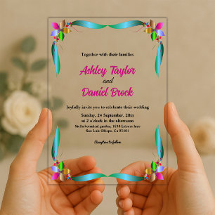 Elegant Colourful Rose Shiny Modern Floral Wedding Acrylic Invitations