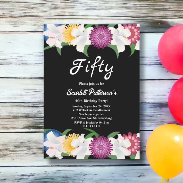 Elegant Colourful Roses Black Floral 50th Birthday Invitation (Creator Uploaded)