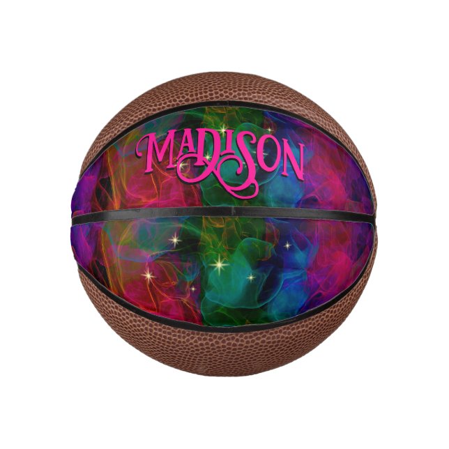 Elegant colourful sparkles smoke monogram mini basketball (Front)