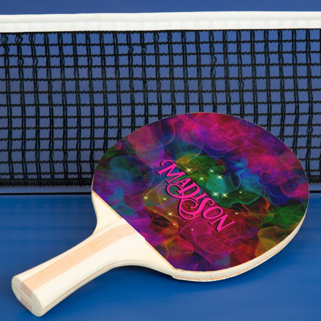 Elegant colourful sparkles smoke monogram ping pong paddle (Insitu)