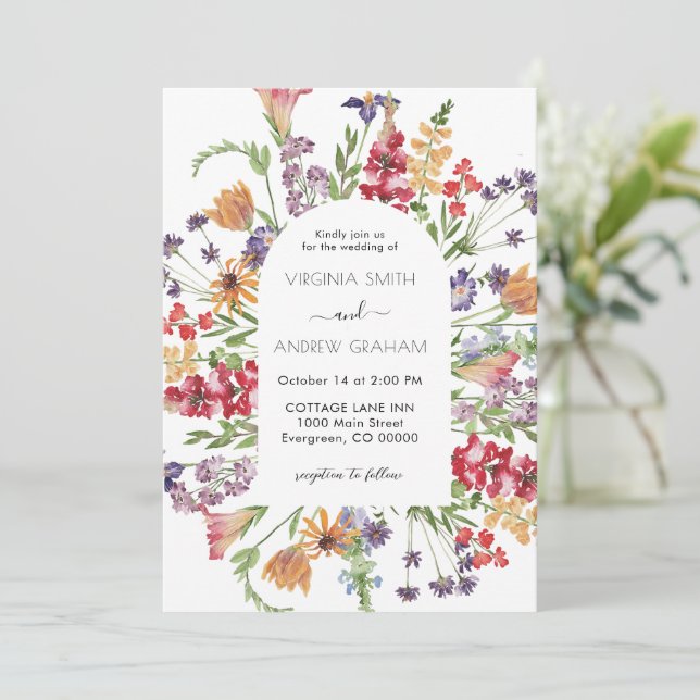 Elegant Colourful Spring Wildflower Wedding Invitation (Standing Front)