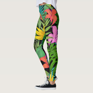 Elegant Colourful Summer Tropical Floral Leaves Leggings