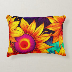 Elegant Colourful Sunflower Flower Power Artwork Decorative Cushion