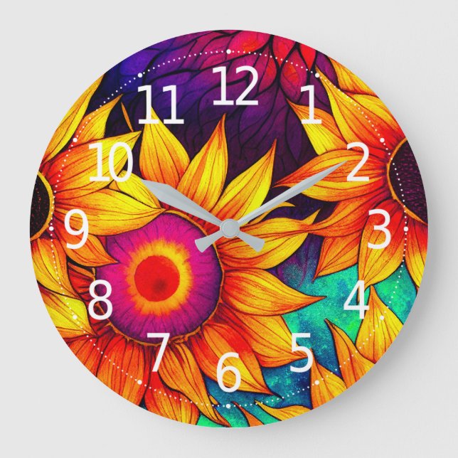 Elegant Colourful Sunflower Flower Power Artwork | Large Clock (Front)