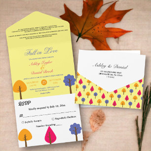 Elegant Colourful Trees Fall in Love Rustic Weddin All In One Invitation