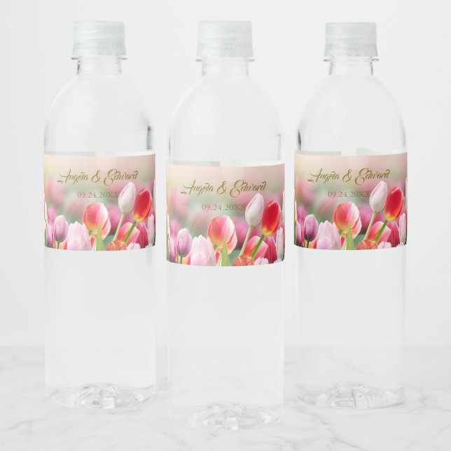 Elegant Colourful Tulip Florals Wedding Water Bottle Label (Bottles)