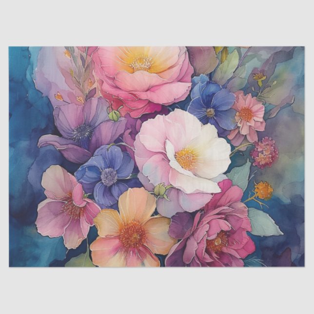 Elegant Colourful Watercolor Floral Decoupage Tissue Paper (Front)
