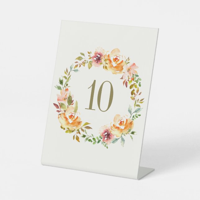 Elegant Colourful Watercolor Floral Table Number Pedestal Sign (Front)